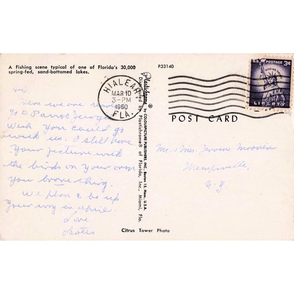 Florida FL Bass Fishing Canoe Chrome Postcard 1960 Plastichrome Hialeah Postmark - Picture 2 of 2